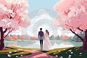 wedding couple in beautiful park in spring AI generated