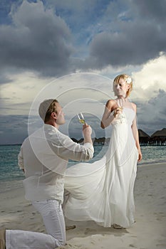 Wedding couple, bride and groom drinking champagne under threatening clouds at sunset.