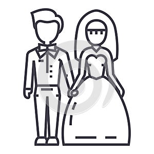 Wedding couple,bride and groom vector line icon, sign, illustration on background, editable strokes
