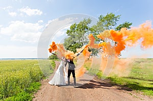 Wedding couple with color smoke in the summer park