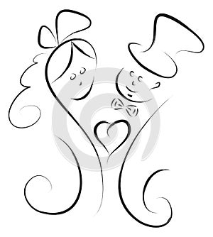 Wedding couple with bride and groom abstract vector illustration for postcard or invitation.