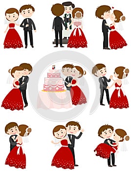 Wedding couple in different actions