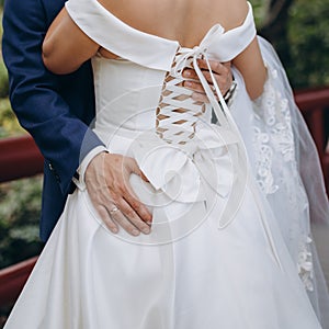 Wedding couple embracing. Love and tenderness of the newlyweds