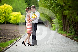 Wedding couple embracing. Newlyweds in wonder forest.