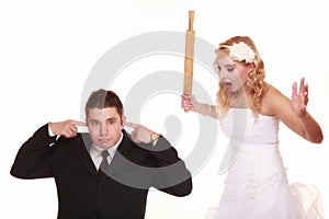 Wedding couple in fight, conflict bad relationships