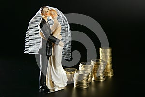 Wedding couple figurine and golden coins