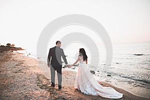 Wedding couple, groom, bride with bouquet posing near sea and blue sky