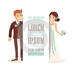 Wedding couple groom and bride on white background, Wedding invitation card template