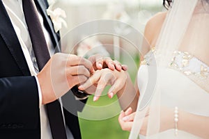 Wedding couple hands close-up during wedding ceremony