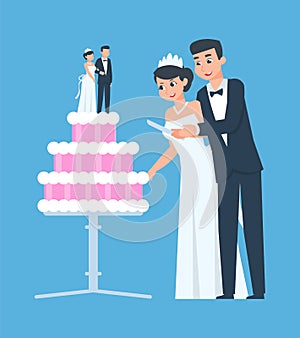 Wedding couple. Happy groom and bride with marriage cake. Cartoon wife and husband cut traditional dessert. Invitation