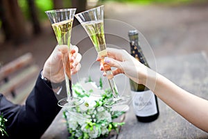 Wedding couple holding champagne glasses together