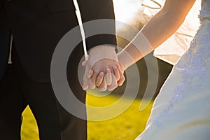 Wedding couple holding hands