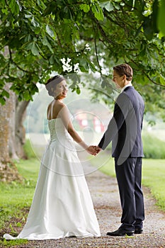 Wedding couple holding hands