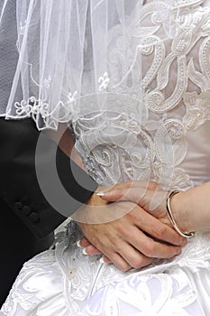 Wedding couple holding hands