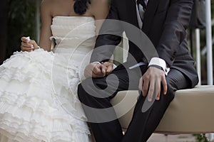 Wedding couple holding hands photo