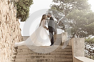 Wedding couple kissing and hugging on stairs with trees on the background