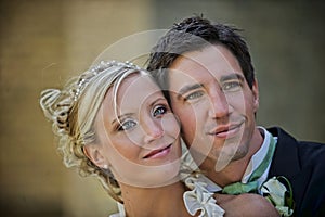 Wedding couple looking up