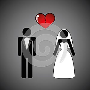 Wedding couple man and woman separate broken heart pictogram
