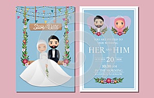 Wedding invitation card the bride and groom cute muslim couple cartoon character sitting on swing decorated with flowers