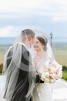 wedding couple on nature. bride and groom hugging under the veil