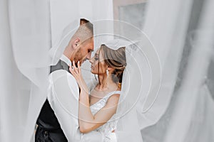 wedding couple on nature. bride and groom hugging under the veil