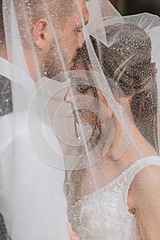 wedding couple on nature. bride and groom hugging under the veil