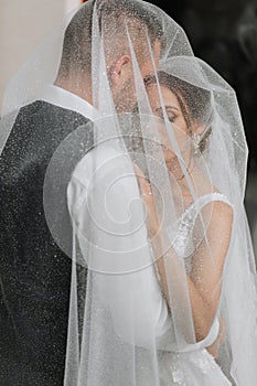 wedding couple on nature. bride and groom hugging under the veil