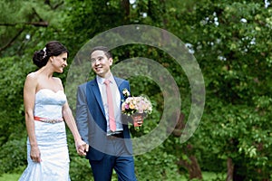 Wedding couple on the nature is walking