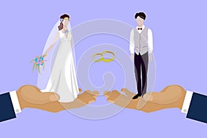 Wedding couple newly married weds bride and bridegroom standing on huge human hands cartoon vector illustration.
