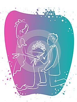 Wedding Couple of People in line art style. A groom gives a bouquet to a joyful bride. White silhouettes on colorful