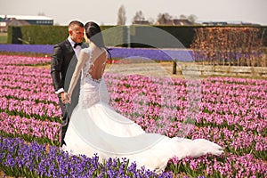 Wedding couple posing in pink field