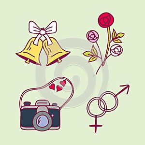 Wedding couple relationship marriage nuptial icons design ceremony celebration and holliday folk icons beauty hand drawn