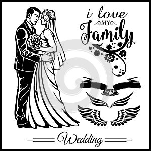 Wedding couple silhouette groom and bride - vector stock