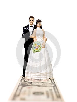 Wedding couple standing on a Dollar Bank Note