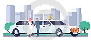 Wedding couple stands outside limousine against backdrop of city. Luxury automobile. Marriage ceremony celebration. Auto