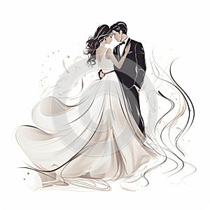 Elegant Continuous Line Wedding Dance Illustration On White Background photo