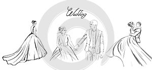 Wedding couple Vector line art set. Bride silhouette vintage style. Beautiful long dress . Template for design cards