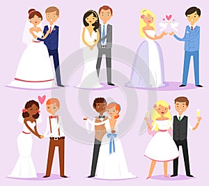 Wedding couple vector married bride or fiancee and bridegroom or fiance characters on wed illustration set of loving man