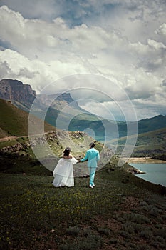 A wedding couple walks on green grass against the backdrop of mountains and high peaks. bride and groom stand with their