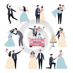 Wedding couples. Bride ceremony celebration wed day love groom marriage rings vector characters