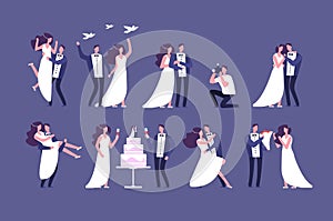 Wedding couples. Bride and groom on marriage ceremony. Getting married people characters isolated set