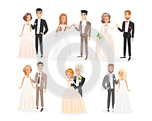 Wedding couples flat vector illustrations set. Bride and groom cartoon characters pack. Engagement ceremony. Woman in