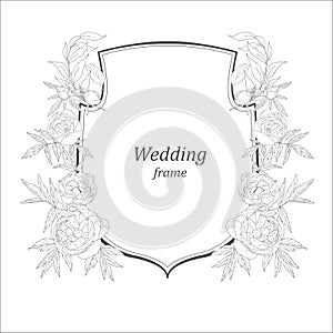 Wedding Crest with Flowers on the white Background. Line Art Illustration.