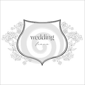 Wedding Crest with Flowers on the white Background. Line Art Illustration.