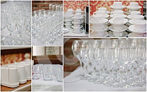 Wedding crockery rentals for catering service - glasses, cups, plates.