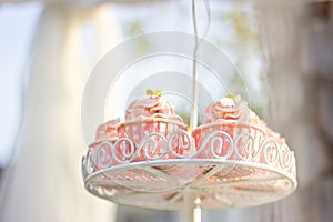 Wedding cupcake have pink color on shelves