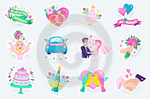 Wedding cute stickers set in flat cartoon design.