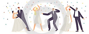 Wedding Dancing and Celebration Concept. Just Married Characters Dance, Newlywed Bride and Groom Couple Marriage