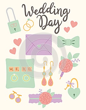 Wedding day bride and groom accessories vector