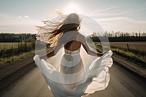 wedding day bride in wedding dress run on road in the rays of the sun generative ai